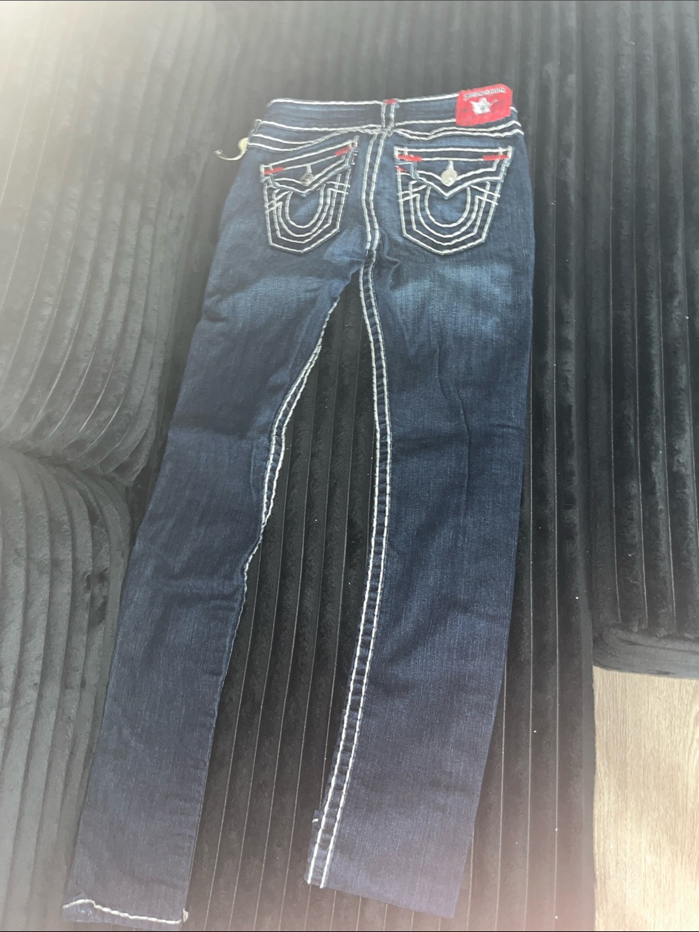 True Religion Dark Blue Straight Leg Jeans with White Stitching